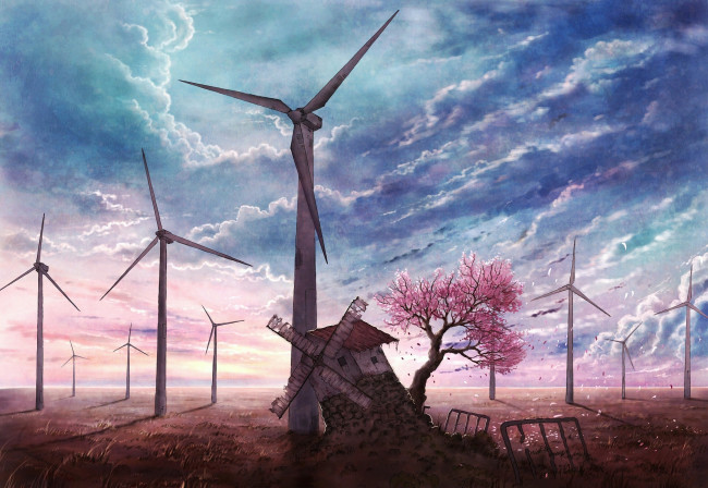 Обои картинки фото рисованное, природа, ветряки, тучи, мельница, дерево