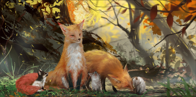 Обои картинки фото рисованное, животные,  лисы, семья, лисы