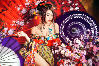 Картинка девушки -+азиатки азиатка кимоно зонтик тату