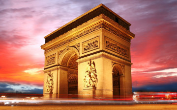 обоя города, париж , франция, триумфальная, арка, закат, огни