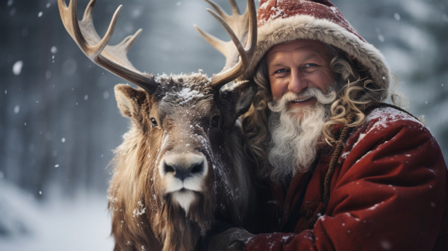 Обои картинки фото праздничные, дед мороз,  санта клаус, олень, санта, улыбка