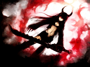 Картинка аниме black rock shooter девушка демон меч красный туман