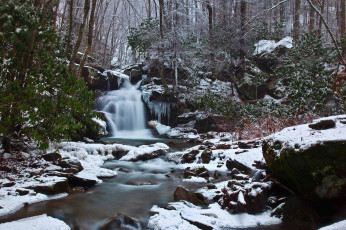 Картинка природа водопады лес снег камни речка водопад