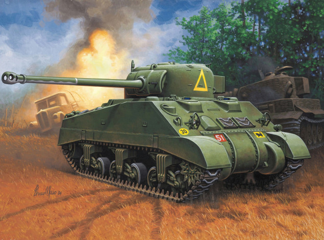 Обои картинки фото рисованные, армия, бой, ww2, орудие, пламя, огонь, автомашина, 17-фунтовое, firefly, vc, танк, sherman, поле