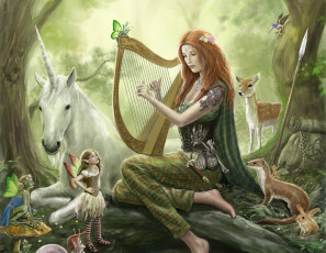Картинка фэнтези девушки музыка арфа девушка лес арт копье рюкзак фея косуля единорог звери