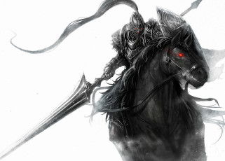 Картинка фэнтези нежить красный глаз монохромный рисунок оружие конь всадник