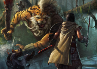 Картинка фэнтези существа ручей оружие люди щит меч дубина тигр монстр битва арт