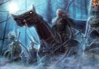 Картинка фэнтези люди всадник арт ночь горящие глаза лес оружие конь скелеты нежить