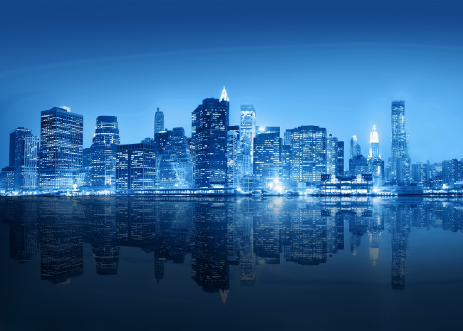 Обои картинки фото города, нью-йорк , сша, огни, ночь, река, new, york, небоскребы