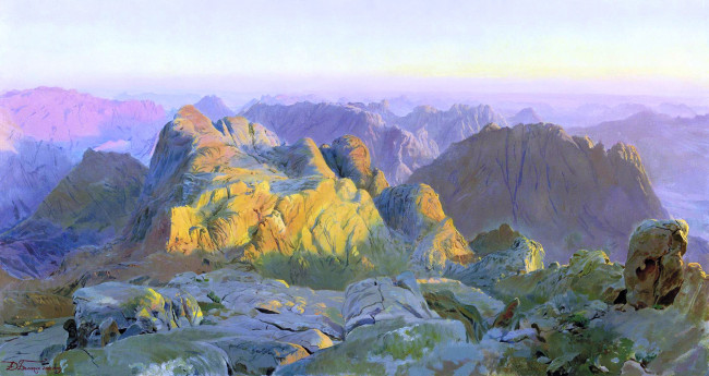 Обои картинки фото рассвет на синае, рисованное, дмитрий белюкин, камни, скалы, горы