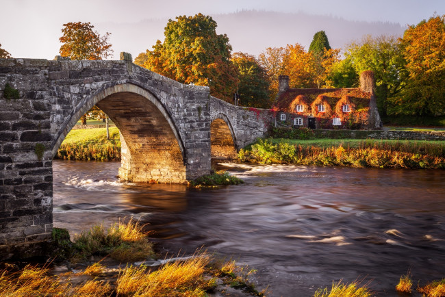 Обои картинки фото города, - мосты, природа, осень, лес, мост, дом, река