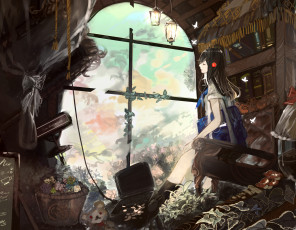 Картинка аниме город +улицы +здания комната девушка окно наушники арт