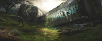 Картинка фэнтези иные+миры +иные+времена арт вагоны крушение ящеры поезд человек мужчина