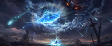 Картинка фэнтези маги +волшебники оружие бог небо арт метеориты карающий божество человек меч feng liu pursue глаза облака