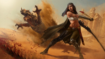 Картинка фэнтези красавицы+и+чудовища дракон кровь девушка меч арт тату песок