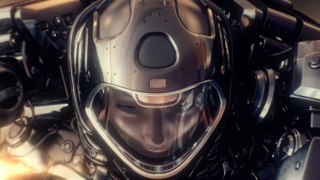Картинка фэнтези роботы +киборги +механизмы лицо шлем арт девушка скафандр рендеринг взгляд