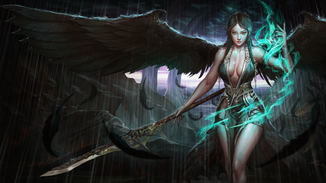 Обои картинки фото фэнтези, ангелы, меч, оружие, ангел, девушка, арт, angel, крылья, фантастика, перья
