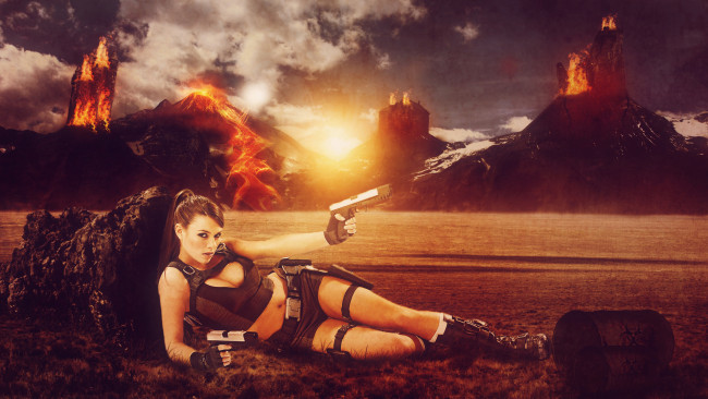 Обои картинки фото разное, cosplay , косплей, фон, девушка, огонь, гора, пистолет, взгляд