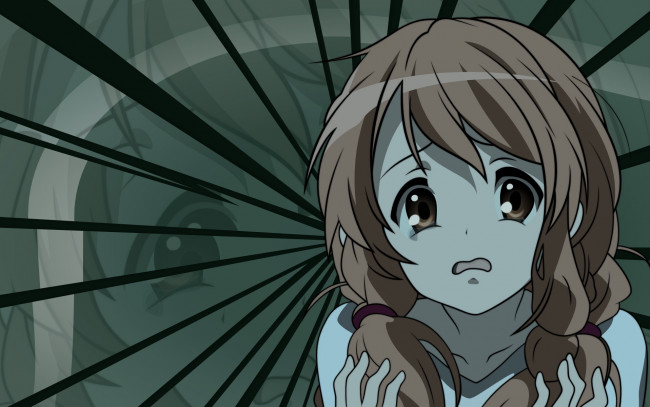 Обои картинки фото аниме, the melancholy of haruhi suzumiya, девушка, взгляд, фон