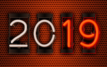 Картинка c+новым+2019+годом праздничные -+разное+ новый+год 2019 год металлическая сетка креативный оранжевый фон концепции неоновые цифры с новым годом