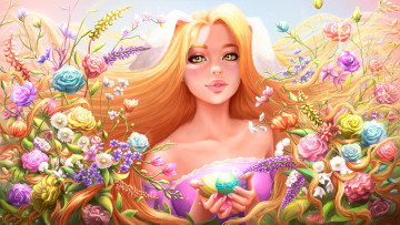 Картинка рисованное кино +мультфильмы девушка фон взгляд цветы рапунцель