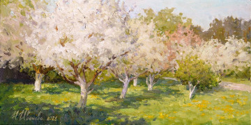 Картинка рисованное живопись деревья сад цветение