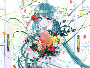 Картинка аниме vocaloid девушка букет цветы