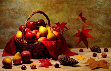 обоя еда, фрукты,  ягоды, корзинка, яблоки, груши