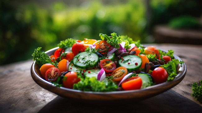 Обои картинки фото еда, салаты,  закуски, овощной, салат, помидоры, огурцы, зелень