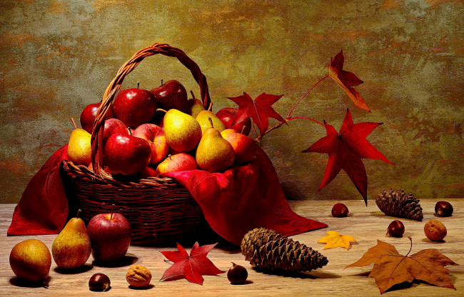 Обои картинки фото еда, фрукты,  ягоды, корзинка, яблоки, груши