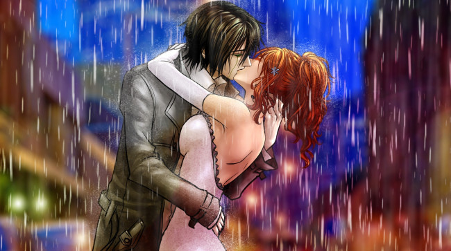 Обои картинки фото аниме, bleach, пара, поцелуй, дождь, парень, девушка