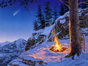 Картинка once in lifetime рисованные darrell bush горы снег костер зима звездопад