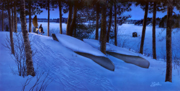 Картинка change of seasons рисованные eric bjorlin зима озеро рыбаки звездопад