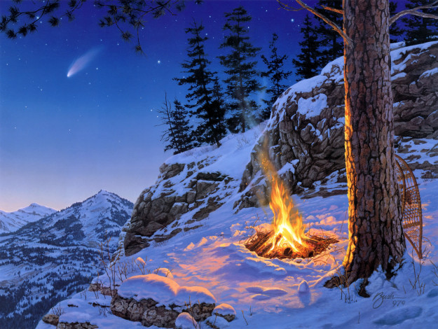Обои картинки фото once, in, lifetime, рисованные, darrell, bush, горы, снег, костер, зима, звездопад