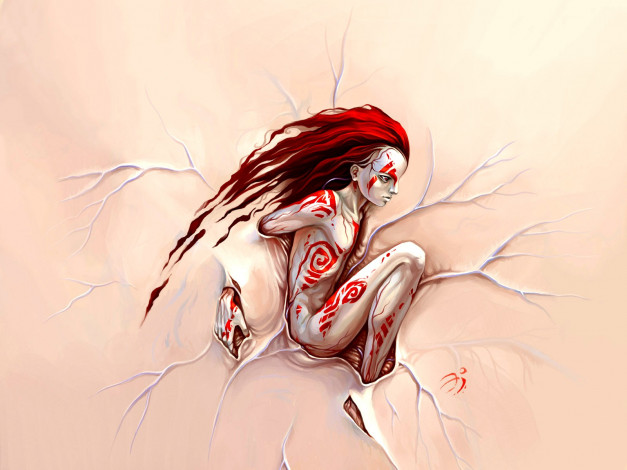 Обои картинки фото фэнтези, существа, человек, красные, волосы, татуировки
