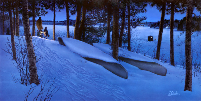Обои картинки фото change, of, seasons, рисованные, eric, bjorlin, зима, озеро, рыбаки, звездопад
