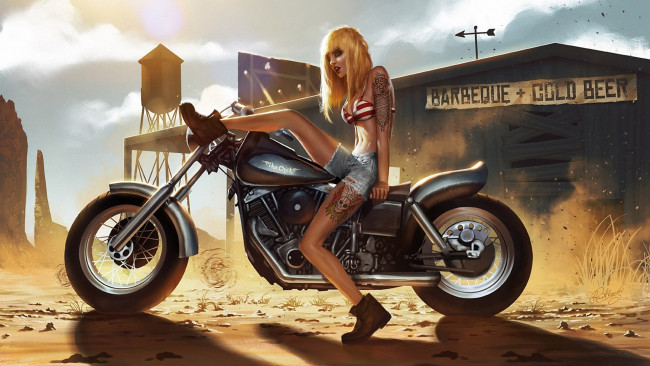 Обои картинки фото рисованные, люди, девушка, мотоцикл, тату, сарай