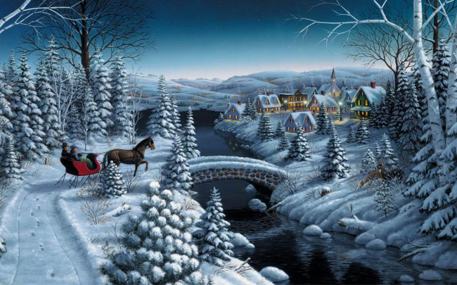 Обои картинки фото peace, on, earth, рисованные, mark, daehlin, лошадь, сани, деревня, мост, река, зима, снег, дома