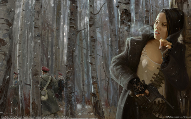 Обои картинки фото yuriy, mazurkin, рисованные, люди, девушка, солдаты, лес, берёзы, оружие, патроны, сигарета