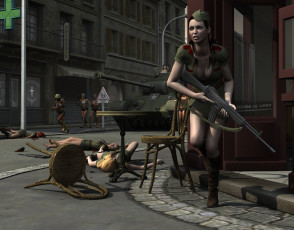 Картинка 3д+графика фантазия+ fantasy война девушки оружие танк улица взгляд