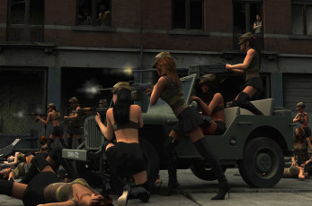 Картинка 3д+графика фантазия+ fantasy автомобиль атака бой оружие фон взгляд девушки