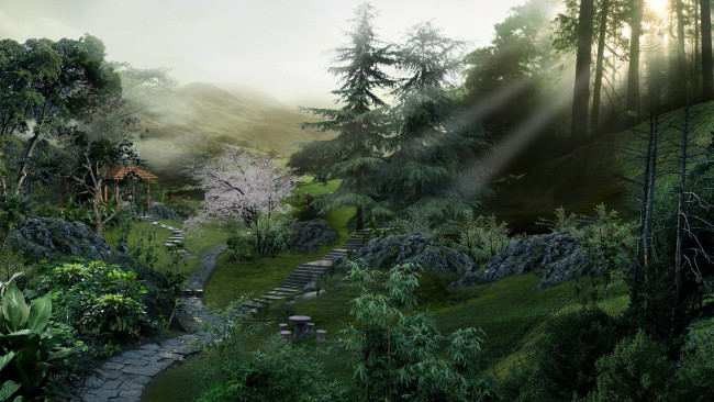 Обои картинки фото 3д графика, природа , nature, туман, горы, беседка, растения, деревья, лес, лучи, дорожка, тропинка, камни, ступени