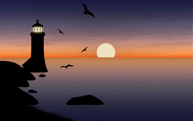 Обои картинки фото рисованное, природа, маяк, солнце, закат, камни, чайки, море