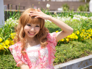 Картинка mahore+himemiya девушки клумба японка язык рыжая улыбка цветы