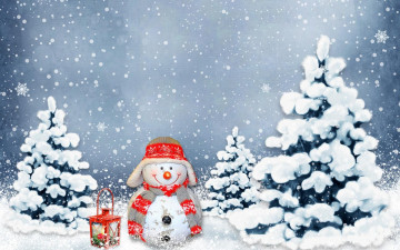 обоя праздничные, снеговики, ёлки, улыбка, снеговик, снег, снежинки, зима, фонарь