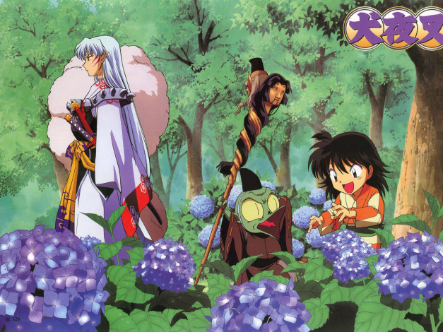 Обои картинки фото аниме, inuyasha, цветы, рин, посох, джакен, сешимару, инуяша, скан, манга