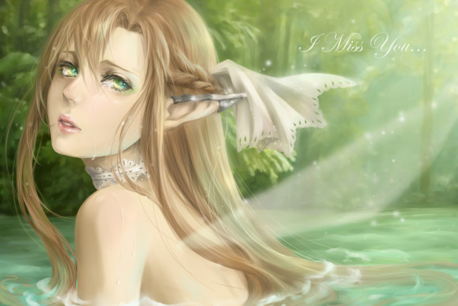 Обои картинки фото аниме, sword art online, уши, девушка, лес, yuuki, asuna, sword, art, online, арт, вода