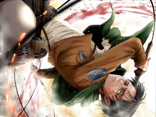Картинка аниме shingeki+no+kyojin взгляд парень искры shingeki no kyojin rivaille art клинки кровь полет солдат