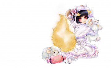 Картинка аниме зима +новый+год +рождество девочка лисичка аякаси hyakki барашек арт подарок хвостик костюмчик карточная игра столпотворение дата новый год