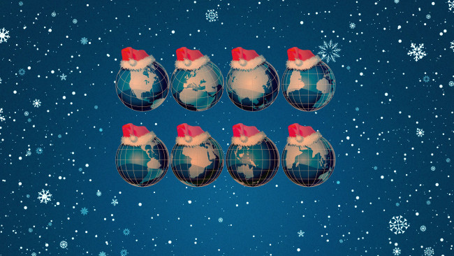 Обои картинки фото праздничные, векторная графика , новый год, снег, шапки, новый, год, зима, минимализм, земля, континенты, планета, фон